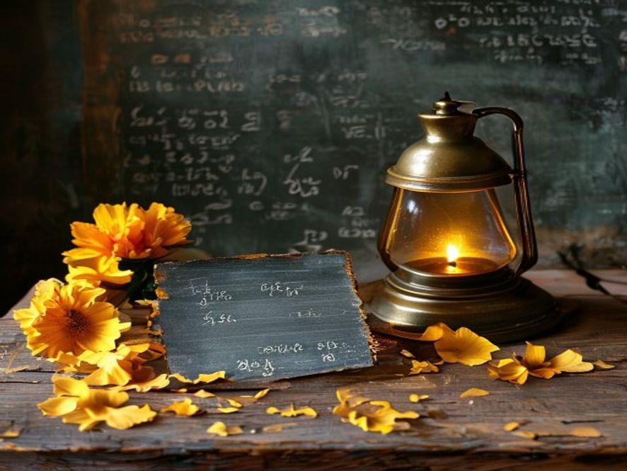 A worn slate, a lit oil lamp and marigold petals on a wooden desk at dusk